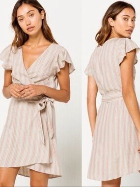 O’Neill Striped Wrap Mini Dress in Soft Pink and Cream